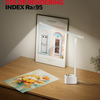 Honeywell Upgraded LED Desk Lamp - H01 Pro Sunturalux™ Foldable Desk Light with USB A+C Charging Port, 3 Color Modes Dimmable Table Lamp for Home Office Reading(White) - color: White