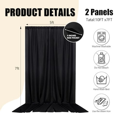 10ft x 7ft Black Backdrop Curtains for Parties, Fabric Satin Background Curtain with Rod Pockets for Weddings, Birthday, Baby Shower, Photography, Graduation Party Backdrop Drapes, 2 Panels - color: Black