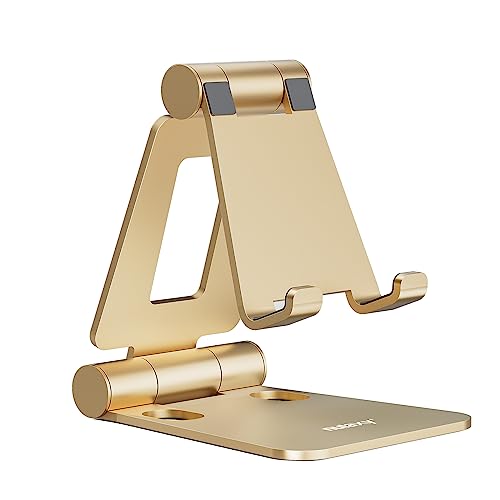 Nulaxy Dual Folding Cell Phone Stand, Fully Adjustable Foldable Desktop Phone Holder Cradle Dock Compatible with iPhone 17 16 15 14 13 12 11 Pro Xs Xs Max Xr X 8, Nintendo Switch, All Phones - Gold - color: J-Gold