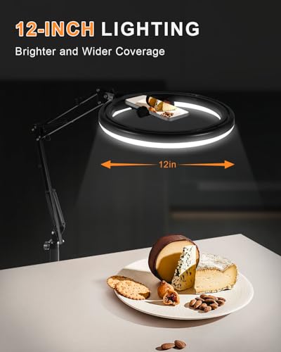 12" Overhead Phone Mount with Ring Light, 360° Circle Light - CRI >95 & Adjustable 72" Height, Phone Ring Light for Photography,Live Streaming, Cooking and Content Creation - size: 12 inches
