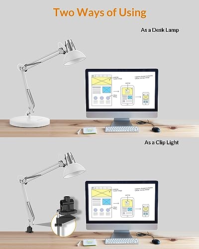 LEPOWER Metal Desk Lamp, Adjustable Goose Neck Architect Table Lamp with On/Off Switch, Swing Arm Desk Lamp with Clamp, Eye-Caring Reading Lamp for Bedroom, Study Room &Office (White) - color: White