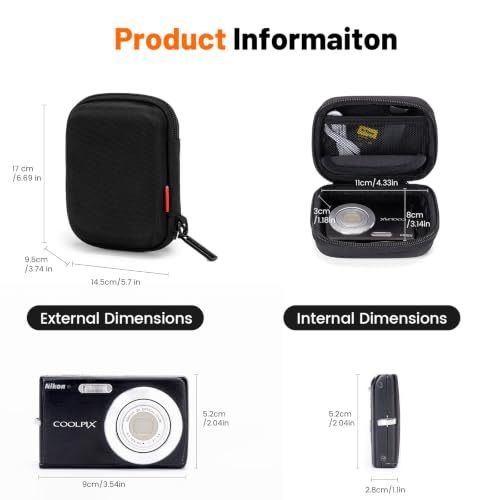 Cwatcun Carrying & Protective Case for Digital Camera, Small Camera Pouch for AbergBest 2.7" LCD Kodak Pixpro/Canon PowerShot ELPH 180/190 / DSCW830 Travel Cameras, Waterproof Shockproof Case - Black - color: Black