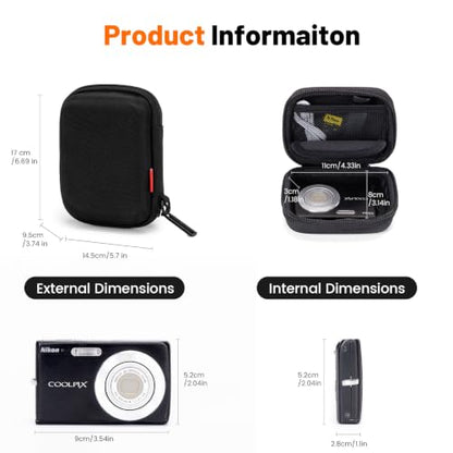 Cwatcun Carrying & Protective Case for Digital Camera, Small Camera Pouch for AbergBest 2.7" LCD Kodak Pixpro/Canon PowerShot ELPH 180/190 / DSCW830 Travel Cameras, Waterproof Shockproof Case - Black - color: Black
