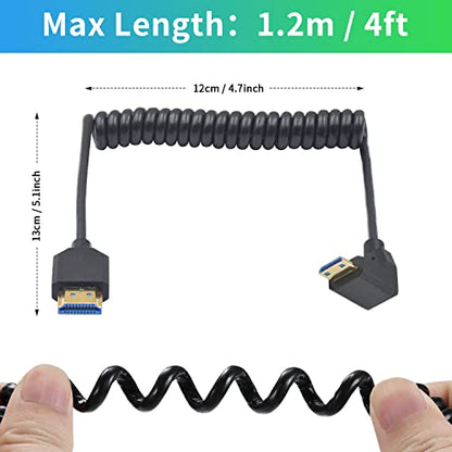 Duttek 90 Degree Mini HDMI to HDMI Coiled Cable, 48Gbps Ultra Thin Down Angled Mini HDMI Male to HDMI Male Cable Support 8K@60Hz for Projector, Monitor, Camcorder 4FT/1.2M - style: Down Angle Mini hdmi Male to HDMI Male