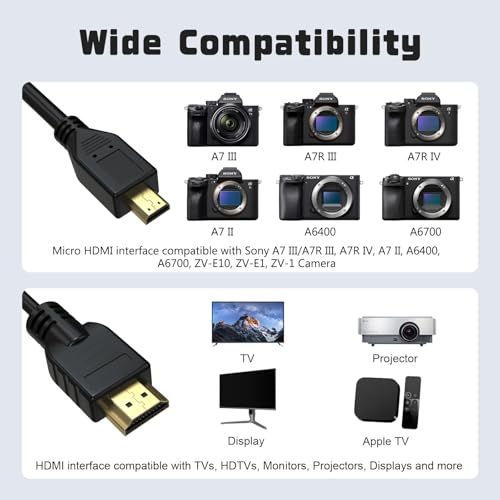 Micro HDMI to HDMI Cable Cord Compatible with Sony A7 III/A7R III, A6400, A6700, ZV-E10, ZV-E1, for Canon EOS M5, M6, R6/R7/R8/R10, R6 Mark II, for Panasonic Lumix ZS200 G85 FZ80 (3.3FT) - size: 3.3FT
