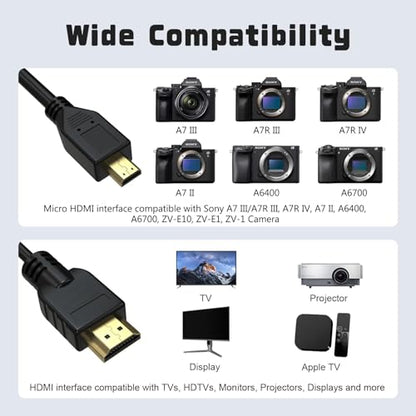 Micro HDMI to HDMI Cable Cord Compatible with Sony A7 III/A7R III, A6400, A6700, ZV-E10, ZV-E1, for Canon EOS M5, M6, R6/R7/R8/R10, R6 Mark II, for Panasonic Lumix ZS200 G85 FZ80 (5FT) - size: 5FT