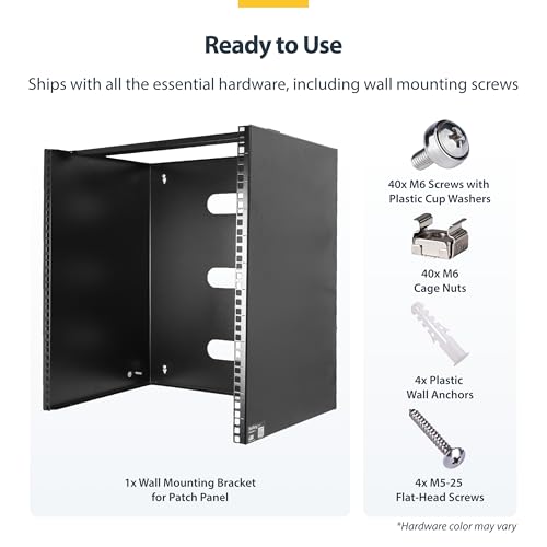StarTech 10U 19in Wall-Mount Network Rack, 14in, 77lb (RACK-10U-14-BRACKET) | Low-profile shallow rack, M6 screws and cage nuts, Fits gear up to 12in deep, Rear cable slot, Steel - size: 10U