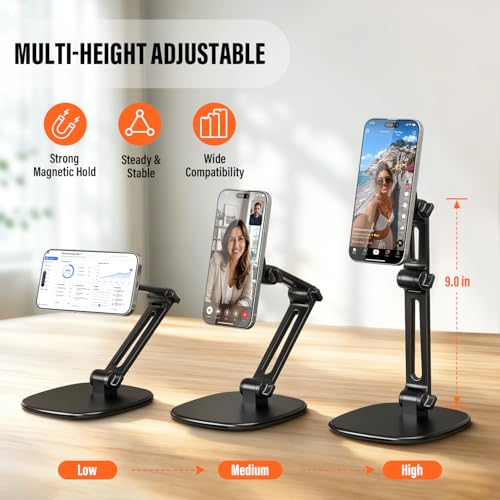 APPS2Car Magnetic Phone Stand for MagSafe, Height Adjustable Foldable iPhone Stand with Heavy Base and Metal Ring, Desk Phone Holder for iPhone 17/16/15/14/13 Pro Max, Black - color: Black - Magnetic Stand