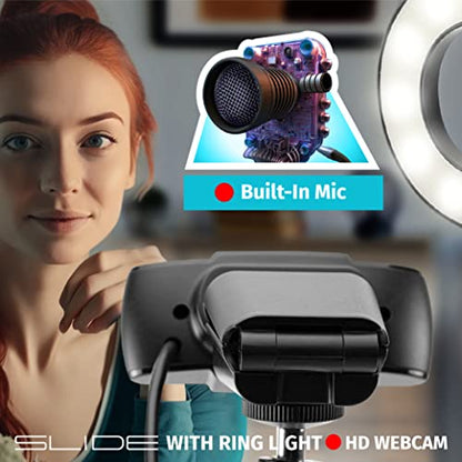 Slide 1080P HD Webcam with Portable Ring Light and Clamp-on Stand, Streaming Camera with Mic, 30 FPS, 30 Light Modes, 2 Flexible Arms, Secure Clamp, Includes Sliding Lens Cover and USB Cable - size: 1080P