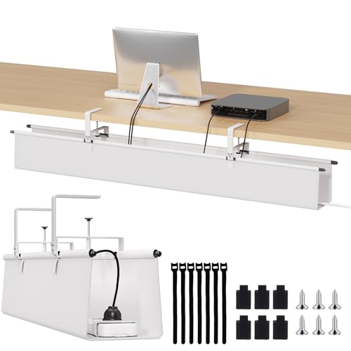 Under Desk Cable Management Tray - 48" Cord Organizer for Desk No Drill, Fabric Under Table Wire Organizer with 16X Cable Ties Hide for Office/Home, Cord Hider Fits Adapters & Sockets, White - color: White, size: 48'' L