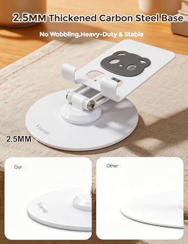 All-Metal Desk Phone Stand, 360° Rotating, 4-8" Phones & Tablets | Carbon steel base, dual-pole adjustment, panda face anti-slip pads, hex key, scratch-proof, heat-dissipating, case-friendly - color: white