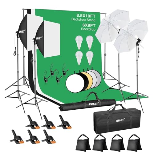 EMART 8.5 x 10 ft Backdrop Support System, Professional Photography Lighting Kit with 50W LED Blub, Reflector, Backdrop *3, Heavy Duty Sandbag *4, Umbrellas&Softbox Lighting Kit for Studio, Portrait