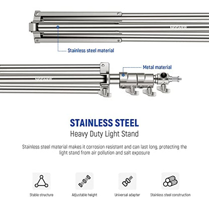 NEEWER 7.2ft/2.2m Stainless Steel Light Stand, Spring Cushioned Heavy Duty Photography Tripod Stand with 1/4” to 3/8” Screw Adapter for Strobe,LED Video Light,Ring Light, Monolight, Softbox - style: ST-220SS