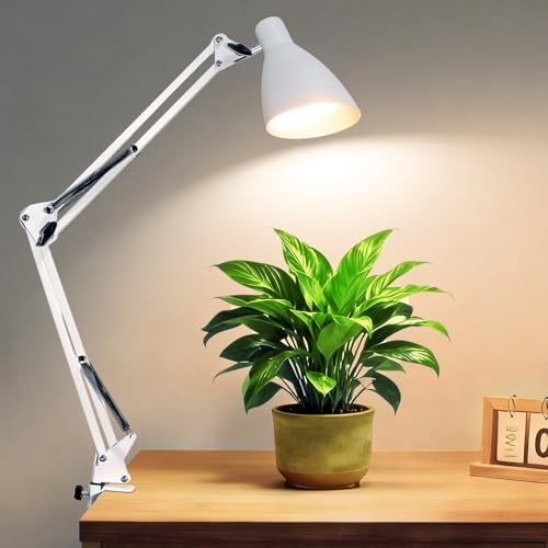Swing Arm Desk Lamp with Clamp, Adjustable Arm LED Clamp on Desk Lamps with 5 Color Modes and 10 Brightness for Home Office Reading Drafting Study (White) - color: White