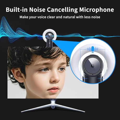 4K Webcam with Light, Web Cam with Speaker, Dual Noise Reduction Plug and Play, Web Camera for Desktop Computer, Auto-Focus, Privacy Protection, Webcam for PC Zoom Skype