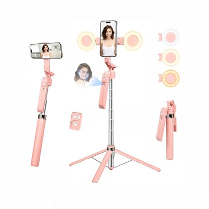 70.9" Auto Face Tracking Selfie Stick Tripod for iPhone with Light, 360° Rotation & Gesture Control, Cell Phone Tripod with Remote for TikTok/Vlog/Live Stream, Compatible with iPhone/Android - color: Pink with 4 Accessories