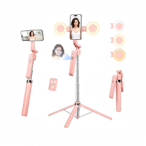 70.9" Auto Face Tracking Selfie Stick Tripod for iPhone with Light, 360° Rotation & Gesture Control, Cell Phone Tripod with Remote for TikTok/Vlog/Live Stream, Compatible with iPhone/Android - color: Pink with 4 Accessories