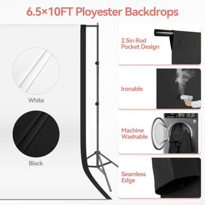 7 x 10 FT Photo Video Studio Backdrop Stand Kit, Photography Background Support System with 6.5 x 10FT Black, White Backdrop, Clamps, Sandbags and Carry Bag for Photoshoot, Portrait - color: Black, White