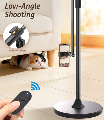 Phone Floor Stand, Overhead Phone Mount with Extendable Horizontal Arm & Remote, 360° Rotatable Extension Arm, Adjustable Tripod Stand for iPhone17, Video Recording, Photography, Live Streaming