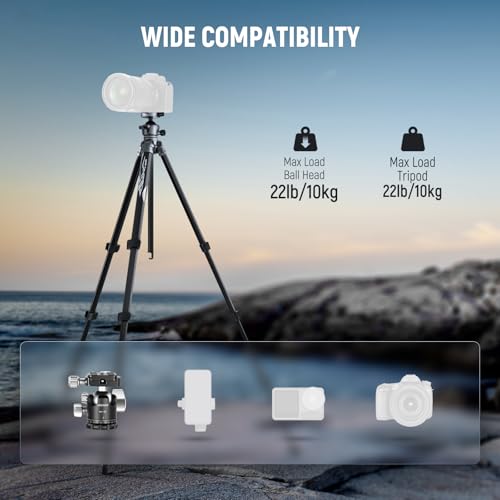 NEEWER LITETRIP LT07 61" Aluminum Travel Tripod for Camera w Pan Tilt Low Profile Ball Head, Arca QR Plate Compatible with PD Tripod Plate, Dual Center Axis, Phone Holder, Max Load 22lb - style: LT07 w/Clip