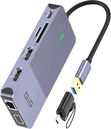 USB Docking Station GIQ USB C HUB USB 3.0 to Dual HDMI VGA Adapter Triple Display USB C Laptop Docking Station Dual Monitor HDMI Splitter Extender Compatible with MacBook M1 M2 M3 M4 M5 USB Dock - color: Gray