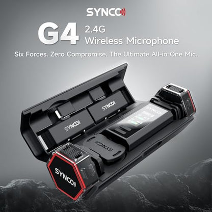 SYNCO G4 Wireless Lavalier Microphone System 2.4G with 200M Range 2.0 Noise Cancellation,Magnetic Clip Design,Portable Charging Case 8H Mini Mic for Broadcasting Vlog Stream YouTube DSLR Smartphone