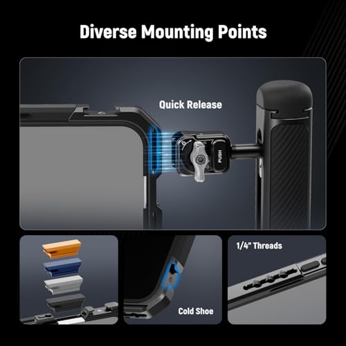 NEEWER Phone Cage Compatible with iPhone 17 Pro, Quick Release Video Rig Stabilizer Accessories with 67mm Filter Ring, 17mm Lens Backplate, T Mount Adapter, 4X Camera Control Cap, PA143 (Black)