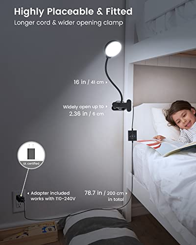 Glocusent 5W Clip on Light, 36 LED Eye Caring Reading Light for Bed, 3 Colors & 5 Brightness Clip on Lamp with Adapter, Perfect Desk Lamp with Clamp/Bunk Bed/Headboard/Table - color: Black
