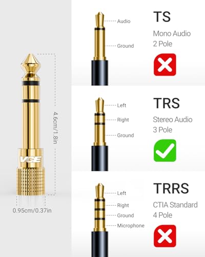 VCE 6.35mm Male to 3.5mm Female 1/4 inch to 1/8 inch 24K Stereo Audio Jack Adapter for Aux Cable, Guitar Amplifier, Headphone, 2 Pack - color: Black