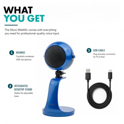 Movo WebMic USB Microphone with Desktop Stand, Royal Blue, Cardioid Condenser, for PC and Mac, with Mic Gain and Headphone Monitoring | Cardioid Pickup Rejects Background Noise For Accurate Dictation. Gain Knob, Headphone Out, Mute. Desktop Stand, No Driv