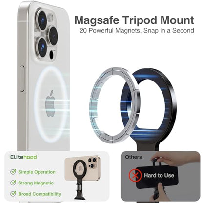 elitehood Aluminum Magsafe Tripod Phone Mount, Compact Phone Holder for Tripod with Arca Swiss Quick Release Plate & 1/4" Screw Adapter, Magnetic iPhone Mount Accessories Fit iPhone 16 15 14 13 Series - style: 1/4“ Screw Port