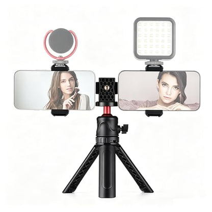 Andoer Multifunctional Smartphone Video Kit Including Universal Phone Tripod Mount with Dual Phone Holders 4 Cold Shoe Mounts + Desktop Tripod for Vlog Live Streaming Oline Video Teaching Meeting