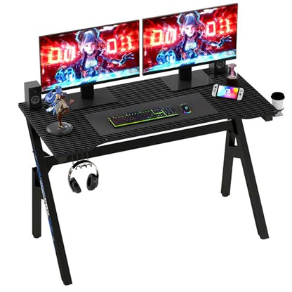 BestOffice | 47" Gaming Desk | Black & Blue | Carbon Fiber Textured Computer Desk | Sturdy Steel Frame,Cup Holder, Headphone Hook, Cable Management Holes, Adjustable Leg Pads | for Gamers,Home,Office - color: Black&blue, size: 47 Inch R Shaped