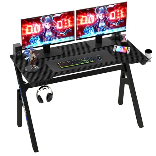 BestOffice | 47" Gaming Desk | Black & Blue | Carbon Fiber Textured Computer Desk | Sturdy Steel Frame,Cup Holder, Headphone Hook, Cable Management Holes, Adjustable Leg Pads | for Gamers,Home,Office - color: Black&blue, size: 47 Inch R Shaped