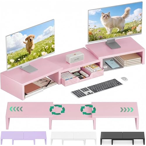 OPNICE Desk Organizers and Accessories, Dual Computer Monitor Stand Riser with Drawer, Office Decor for Women, Office Desk Accessories & Workspace Organizers for Home Office Supplies, Pink - color: Pink