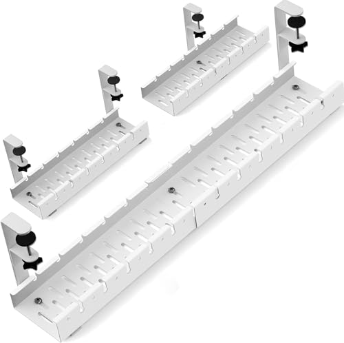 No Drilling Extendable Under Desk Cable Management, Metal Cable Management Tray Under Desk with Clamp, Retractable Power Strip Cord Holder for Wire Management 31Inch (1 Pack White) - color: 1 Pack White Extendable 31'