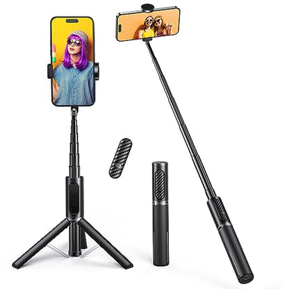 ATUMTEK Selfie Stick Tripod, 3-in-1 Extendable Aluminum Phone Tripod with Detachable Bluetooth Remote, Compatible with iPhone 17/16/15/14/13/12/11/11 Pro/XS Max/XR and Samsung Smartphones, Black - color: Black
