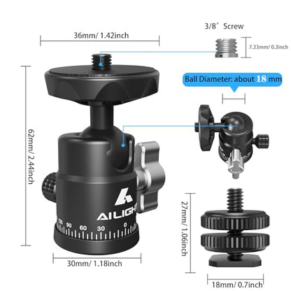 Ailight Mini Ball Head, 360° Panoramic Tripod Head, Universal 1/4" to 3/8" Screw Adapter Swivel Ball Head Tripod Mount, Dual Cold Shoe Mount for DSLR Cameras Camcorder Light Photograph Accessories - size: 1 pack