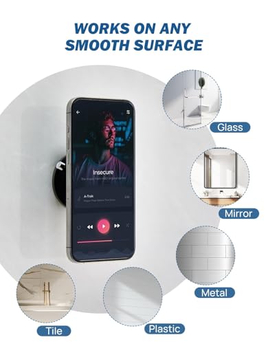 JOYTUTUS Shower Phone Holder, Reusable Suction Cup Phone Mount for Shower, Mirror, Kitchen, Window & Bathroom, Shower Phone Mount Compatible with iPhone 17, 16, 15, 14, 13, & All Phones,Black,1 Pack - color: Black