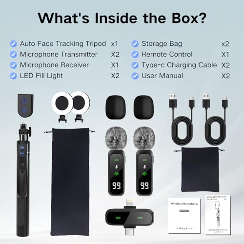 Content Creator Starter Kit,Vlogging Kit for iPhone/Android,70”Auto Face Tracking Tripod 360 Rotation with Light, Wireless Microphones,Selfie Stick Tripod for TikTok & YouTube Starter Kit - color: Black-SM