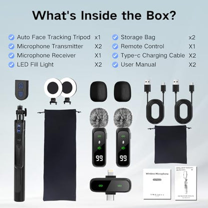 Content Creator Starter Kit,Vlogging Kit for iPhone/Android,70”Auto Face Tracking Tripod 360 Rotation with Light, Wireless Microphones,Selfie Stick Tripod for TikTok & YouTube Starter Kit - color: Black-SM