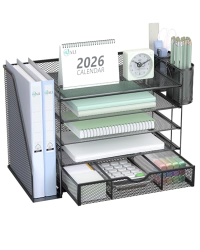 WALI Desk File Organizer, 5 Tier Desktop Paper Letter Tray Organizer with Drawer and 2 Pen Holders, Office Desk Accessories & Workspace Organizers for Office, Home Supplies(DO006DH-B), 1 Pack, Black - color: Black, size: 5 Tier