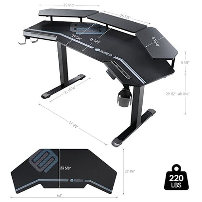 EUREKA ERGONOMIC Gaming Desk Adjustable Height Standing Desk 63" Wing Shaped Music Studio Table Workstation w Full Coverage Mousepad, 3 Stands, Dual Headphone/Cup Holder, Ipad-Slot - color: Black, size: 63"W x 48"H-Adjustable