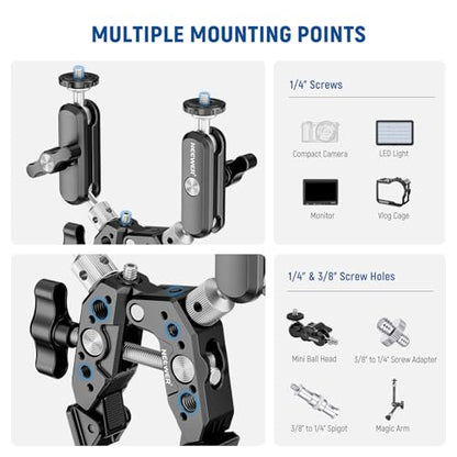 NEEWER Heavy Duty Super Clamp with Two 360° Dual Ball Head Magic Arms, 1/4" 3/8" Screw Threads, Phone & Action Camera Mount Adapter for Flat/Round Surface Compatible with GoPro DJI Insta360 DSLR - style: ST89