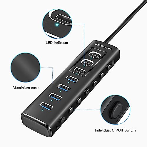 Powered USB Hub, Rosonway 7-Port USB 3.2/USB C Hub with 10Gbps USB-A 3.2, 2 USB-C 3.2, 4 USB 3.0 Ports, Individual Switches and 12V Power Adapter, Aluminum USB Port Expander for Laptop/PC, RSH-A107C - size: 7-Port Powered USB 3.2+USB 3.0 Hub