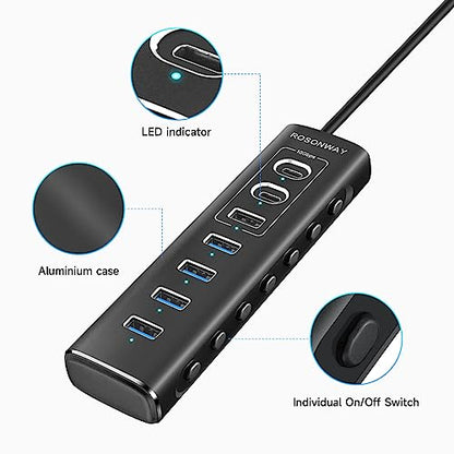 Powered USB Hub, Rosonway 7-Port USB 3.2/USB C Hub with 10Gbps USB-A 3.2, 2 USB-C 3.2, 4 USB 3.0 Ports, Individual Switches and 12V Power Adapter, Aluminum USB Port Expander for Laptop/PC, RSH-A107C - size: 7-Port Powered USB 3.2+USB 3.0 Hub