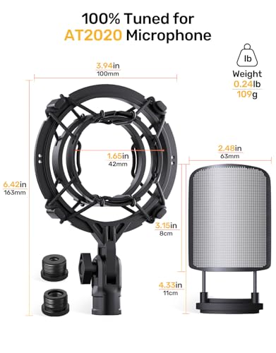 Custom AT2020 Microphone Shock Mount with Metal Pop Filter, Anti-Vibration Suspension Shock Mount Mic Holder Clip Compatible with Audio Technica AT2020 AT2035 AT2020USB ATR2050 AT3035 AT3060 Mic