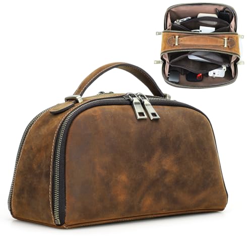 CONTACTS Full Grain Leather Tech Organizer Travel Case for Electronics Accessories Portable Cable Organizer Pouch with Handle, Storage Bag for Charger, Cables, Power Bank, Mouse