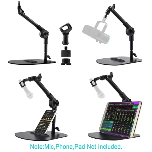 Desk Microphone Stand Weighted Base Mic Holder for Podcast Stream Recording | Solid Metal base holds 2.2lb. Adjustable Dual pivot 180° angle control.Includes mic adapters.Non-slip pads.Fits most gear