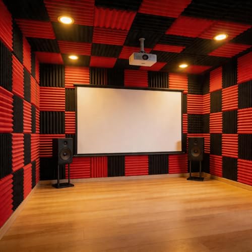 96 Pack Black/RED 12 "X 12 "X1" Acoustic Panels Studio Soundproofing Foam Wedge Tiles(Accompanied By Double-Sided Adhesive Tape) - color: Black/red